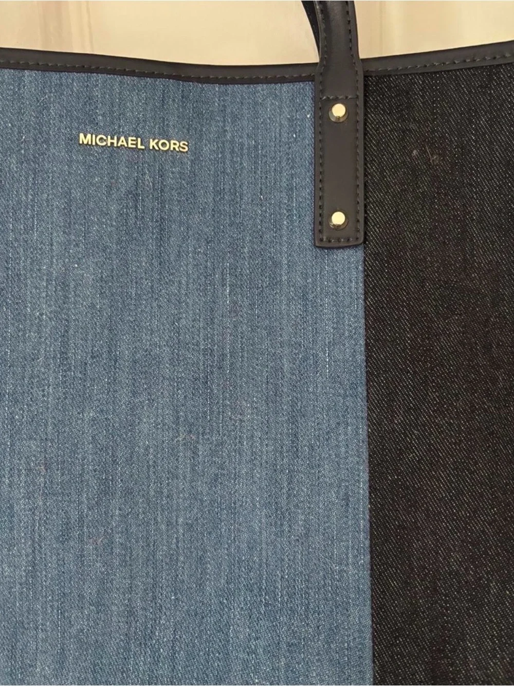 Michael Kors Carter Large Denim Multi Open Tote Blue Black Gold Designer Bag